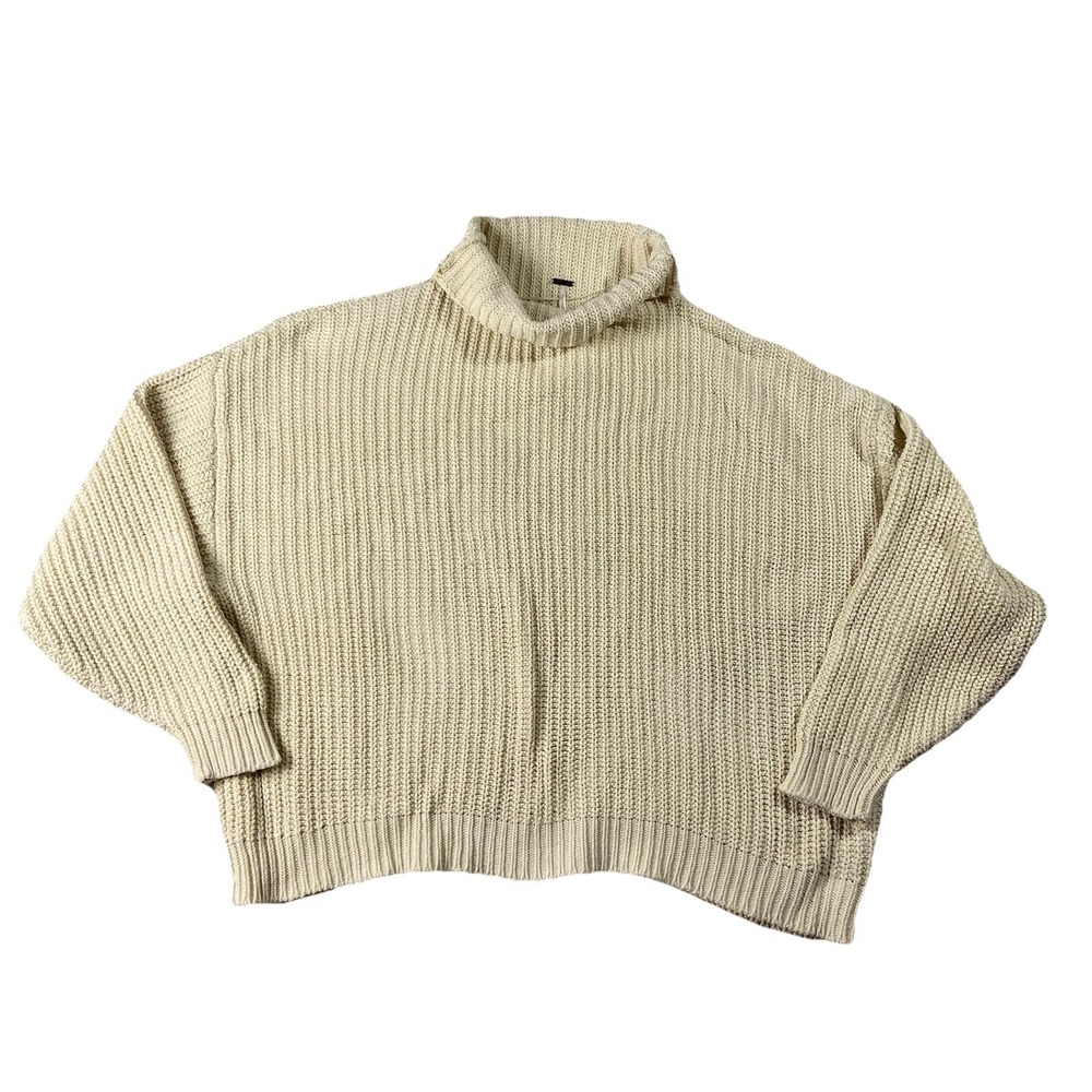 Free People Chunky Knit Funnel Neck Sweater Oversized Ivory Women L Boho Coastal